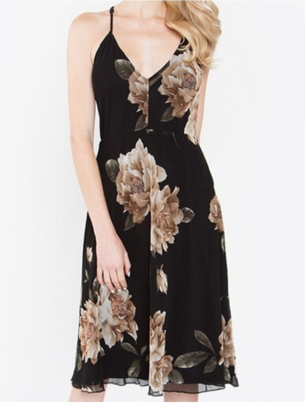 Sugarlips Black Midi Dress with Beige Floral Print